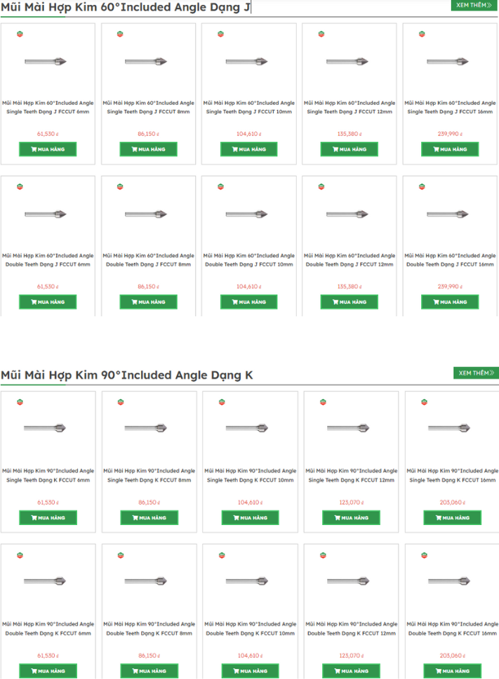 Bảng gi&aacute; mũi m&agrave;i hợp kim bi&ecirc;n dạng J K