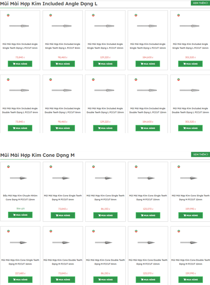 Bảng gi&aacute; mũi m&agrave;i hợp kim bi&ecirc;n dạng L M
