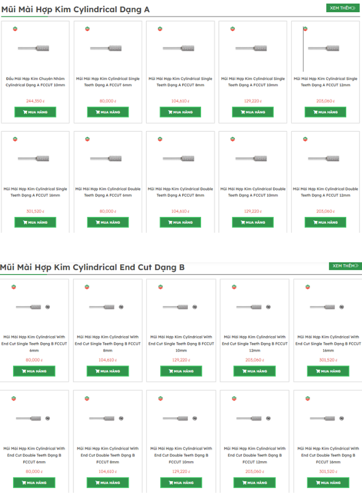 Bảng gi&aacute; mũi m&agrave;i hợp kim bi&ecirc;n dạng A B