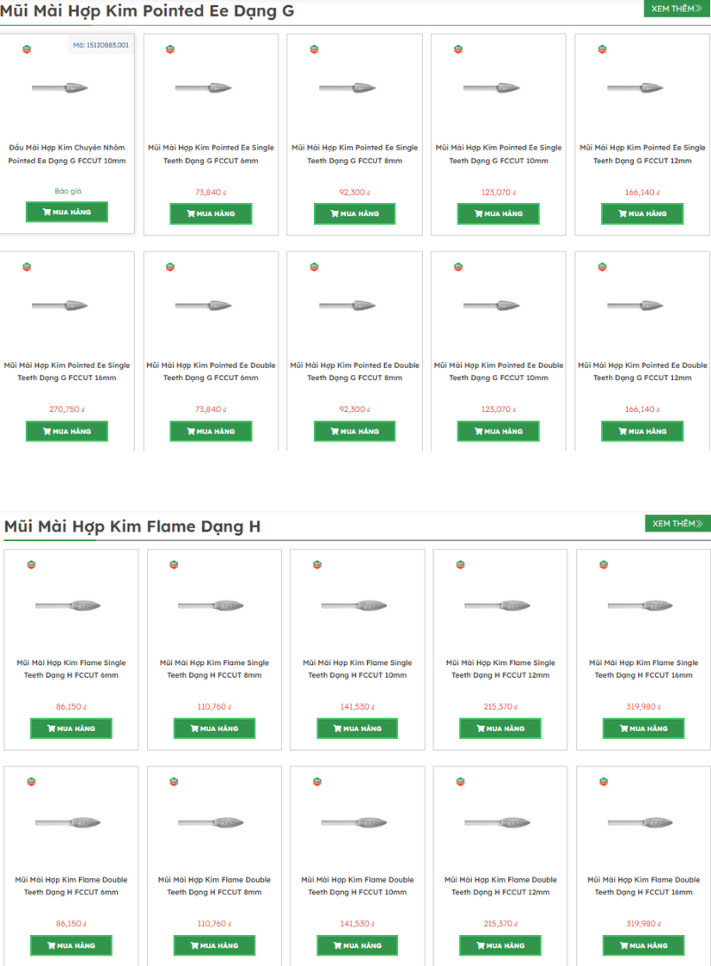 Bảng gi&aacute; mũi m&agrave;i hợp kim bi&ecirc;n dạng G H